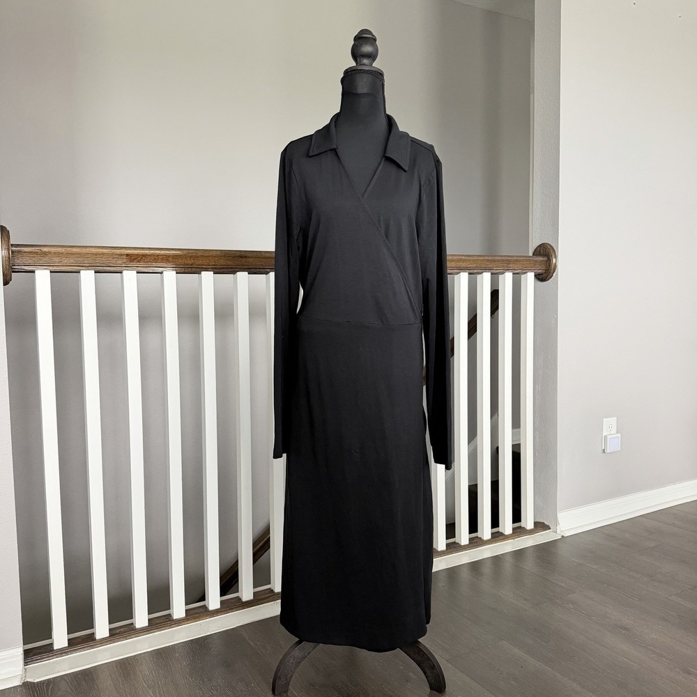 Lands End NWT Long Sleeve Black Wrap Dress Large Tall Belted Office Career Prep